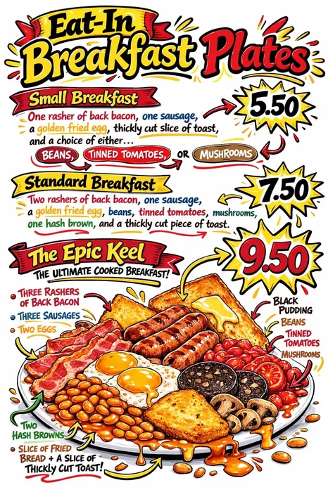Keel's Caff Eat-In Breakfast Plates menu board