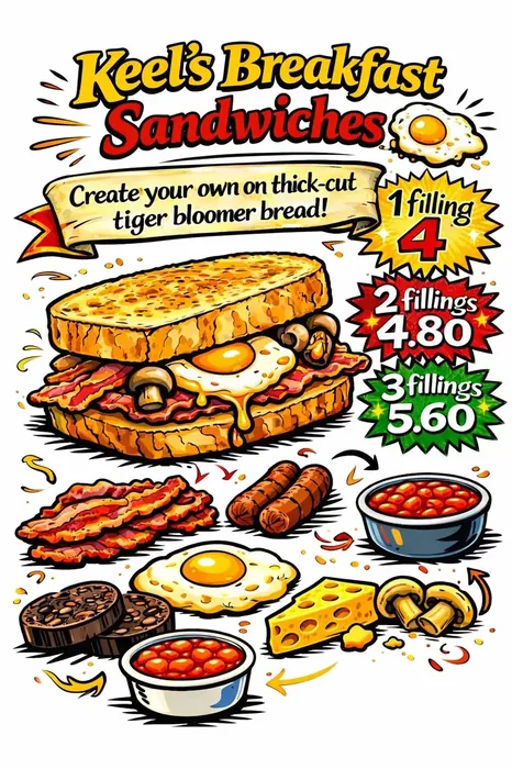Keel's Caff Breakfast Sandwiches menu board