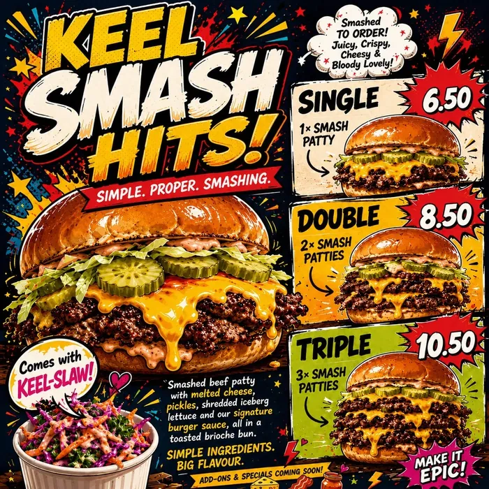Keel's Caff Keel Smash Hits burger menu board