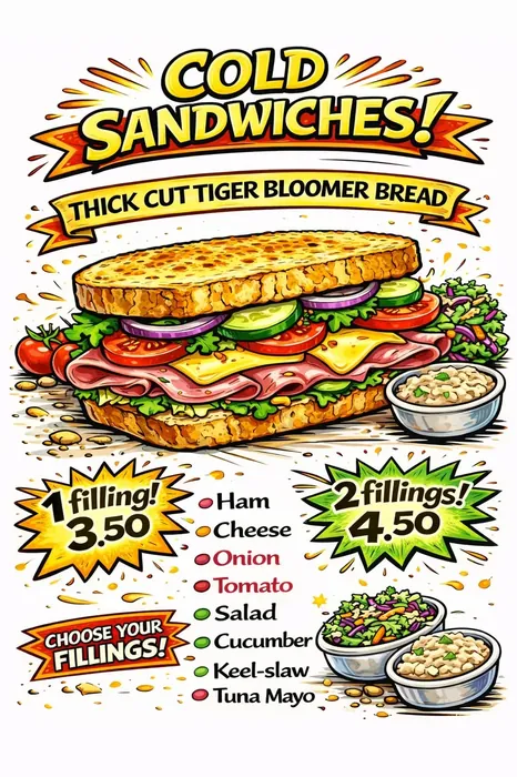 Keel's Caff Cold Sandwiches menu board