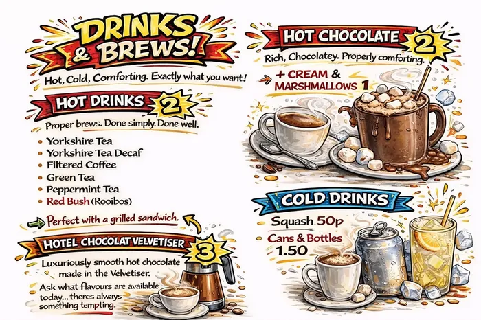 Keel's Caff Drinks and Brews menu board