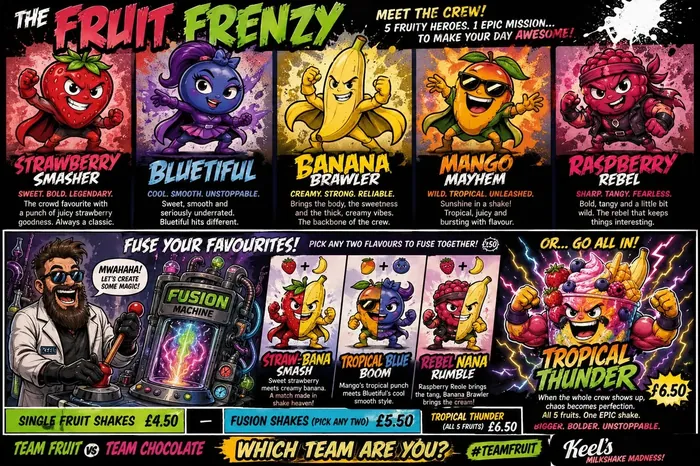 Keel's Caff Fruit Frenzy shakes menu board