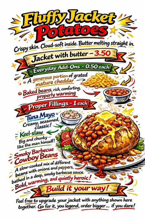 Keel's Caff Fluffy Jacket Potatoes menu board