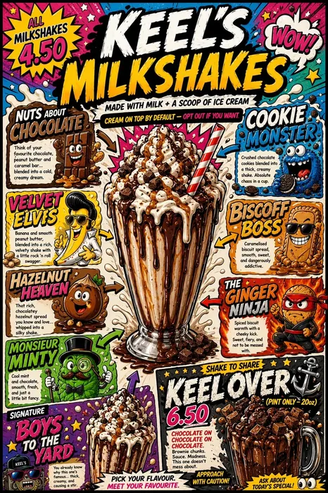 Keel's Caff Milkshakes menu board