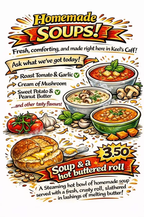 Keel's Caff Homemade Soups menu board